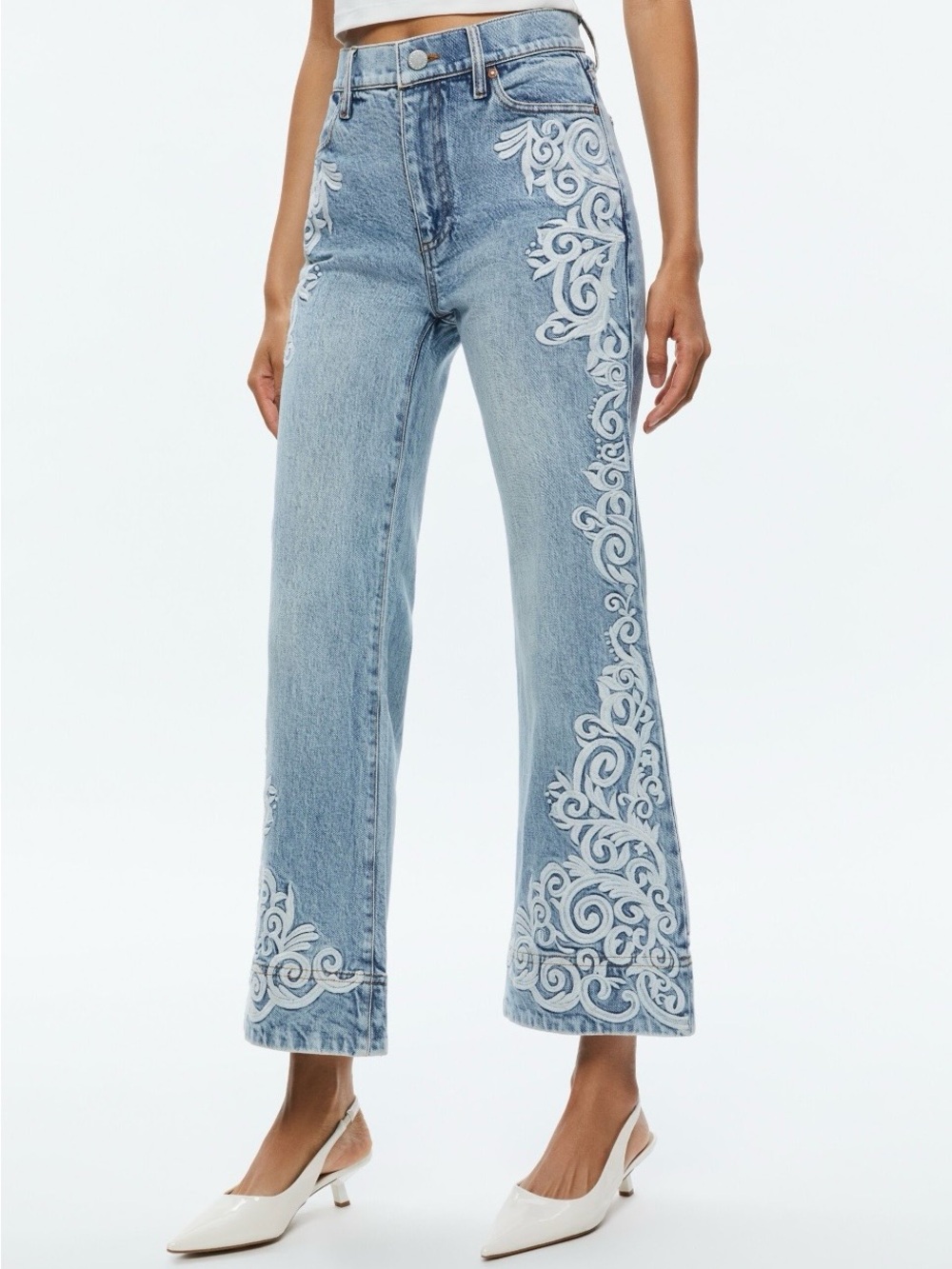 Alice + Olivia Embroidered Flare Jeans in Rockstar Blue size 28. - Picture 5 of 5